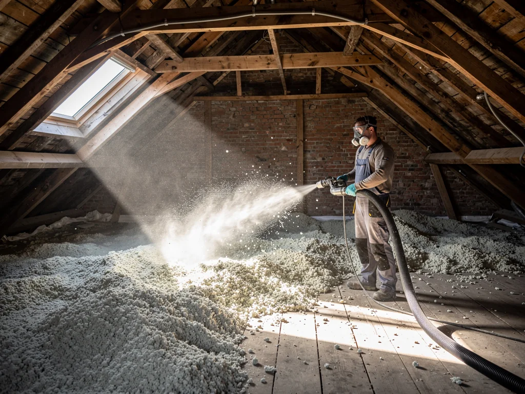 Soufflage de flocons isolants dans des combles perdus